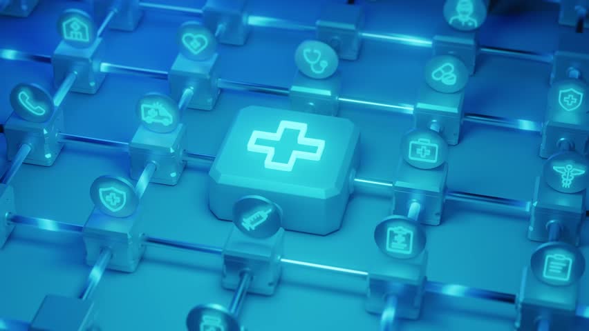 An abstract representation of blockchain technology applied to healthcare, featuring interconnected blocks with medical icons in a cool blue tone.