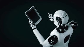 Robot hominoid using tablet computer for big data analytic using AI thinking brain , artificial intelligence and machine learning process for the 4th fourth industrial revolution . 3D rendering. - Powered by Shutterstock - Get 15% off with code: PIKWIZARD15