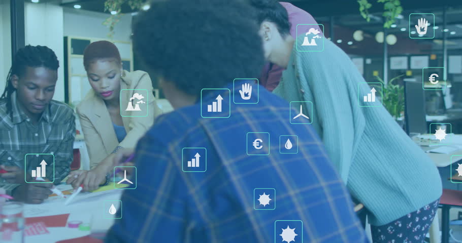 Team initiating brainstorming by writing ideas and rearranging sticky notes for business plan. Collaboration, ideation, creativity, teamwork, brainstorming, innovation, planning