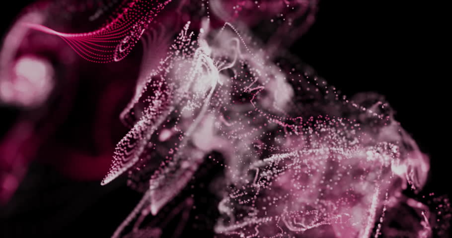 Glowing pink cloud swirling in void, glitching waveforms emerging and drifting code mapping data. Abstract, digital, futuristic, neon, technology, data, cyber