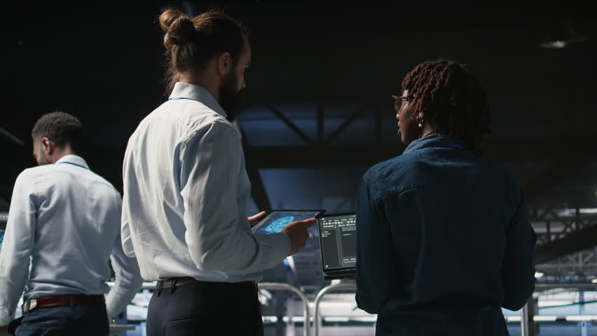 Server farm manager overseeing workers doing infrastructure AI machine learning automatization. Data center team leader supervising employees using artificial intelligence, camera A - Powered by Shutterstock - Get 15% off with code: PIKWIZARD15