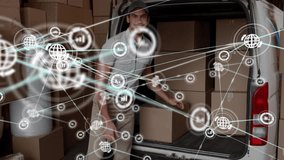 Delivery worker reaching into van and initiating logistics network overlay while unloading boxes. Logistics, supplychain, warehouse, courier, freight, transportation, digital - Powered by Shutterstock - Get 15% off with code: PIKWIZARD15