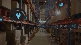 Network lines tracing across warehouse racks after camera pausing to visualize inventory flow. Logistics, inventory, connectivity, supply chain, technology, automation, data visualization - Powered by Shutterstock - Get 15% off with code: PIKWIZARD15
