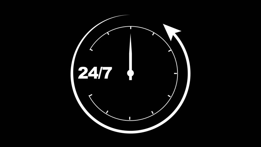 Abstract Clock 24 hours icon on dark background.24 hours timer clock icon and all-time service 24 ,7-day. hours 7 days clock timer icon.24 ,7 service icon animation 4K Video motion Animation.