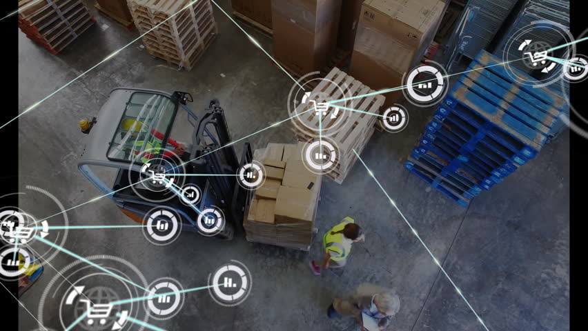 Forklift operator lifting pallet, worker checking clipboard, generating overlay managing logistics. Industrial, logistics, inventory, automation, collaboration, supplychain, warehouse