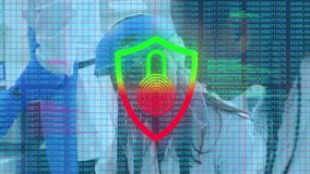 IT tech noticing cable and inserting into rack code overlay shield flashing confirming link. Technology, cybersecurity, networking, industrial, professional, communication, modern - Powered by Shutterstock - Get 15% off with code: PIKWIZARD15