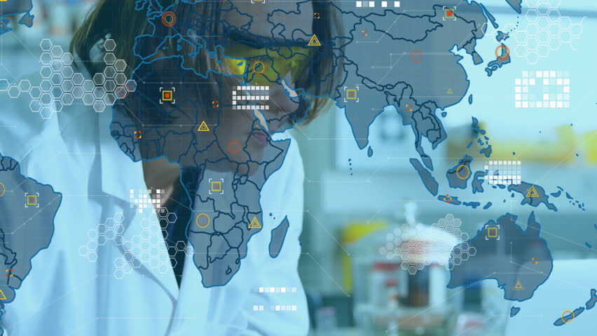 Upon world map overlay fading in research scientist leaning over bench monitoring health data icons. Scientist, laboratory, data visualization, global network, scientific research, analytical, - Powered by Shutterstock - Get 15% off with code: PIKWIZARD15