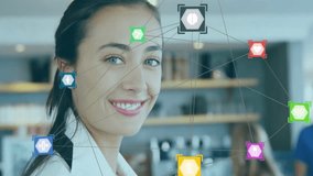 Barista tapping tablet and activating hexagonal data icons floating on torso framing face in cafe. Technology, digital, communication, networking, innovation, modern, casual - Powered by Shutterstock - Get 15% off with code: PIKWIZARD15