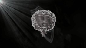 On start semi-transparent 3D brain rotating as dotted shield forming and lock tracing for security. Futuristic, technology, protection, cybersecurity, innovation, digital, conceptual - Powered by Shutterstock - Get 15% off with code: PIKWIZARD15