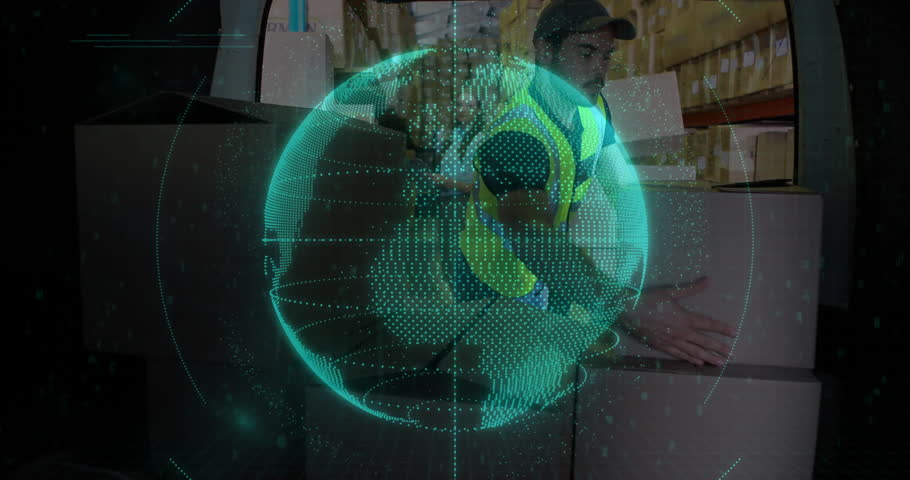 Female peer handing box to warehouse worker, sparking spinning code globe tracking carton stacking. Logistics, supply chain, data visualization, industrial, teamwork, digital transformation, warehouse