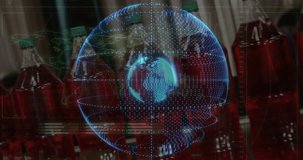 Rotating holographic globe scanning bottles, man wearing earmuffs leaning monitoring factory line. Futuristic, innovation, technology, industrial, science, precision, visualization - Powered by Shutterstock - Get 15% off with code: PIKWIZARD15