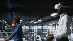 Data center programmers on industrial platform using virtual reality tech, collaborating on tasks. Server room IT professionals visualizing large language model architecture using VR headset - Powered by Shutterstock - Get 15% off with code: PIKWIZARD15