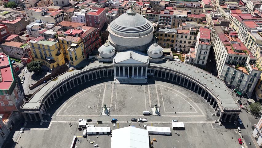 Drone shot of San Francesco di Paola church on Piazza del Plebiscito, Naples