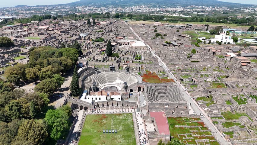 Bird's-eye view of Pompeii ruins and Mount Vesuvius in Campania, Italy