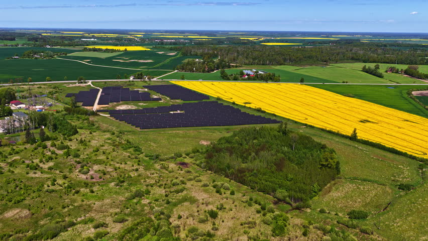 Solar farm and yellow rapeseed fields in flat countryside under clear spring skies