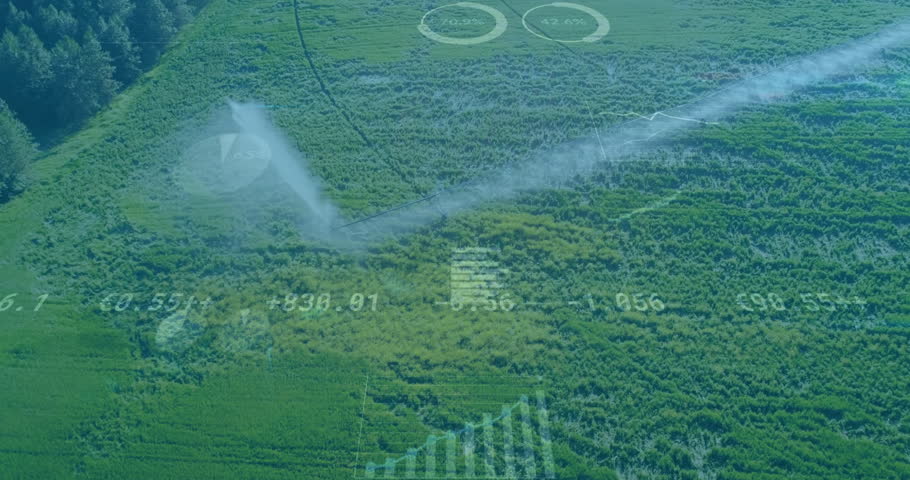 On AR activation nozzle spraying white plume across crop field tracking coverage via data overlay. Precision, technology, agriculture, aerial, data, irrigation, farm