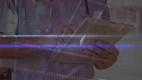Doctor tapping and swiping tablet initiating glowing binary code streams for medical data analysis. Medical, technology, healthcare, digital, data, innovation, professionalism - Powered by Shutterstock - Get 15% off with code: PIKWIZARD15