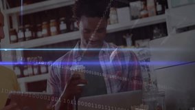 Binary code overlay initiating retail tech review as colleagues analyzing data on laptop and tablet. Technology, collaboration, retail, digital, innovation, analytics, workspace - Powered by Shutterstock - Get 15% off with code: PIKWIZARD15