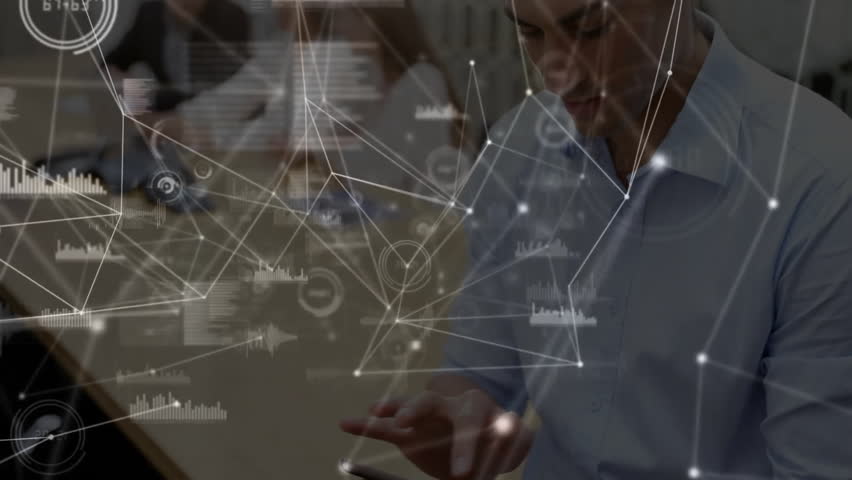 Colleagues tapping tablets on conference table and unveiling network overlay boosting data insights. Collaboration, digital, innovation, technology, teamwork, analytics, corporate
