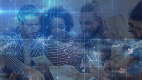 Colleagues passing tablet tapping devices as network graphic intensifying for tech pitch. Collaboration, teamwork, digital connectivity, modern office, innovation, communication, high tech - Powered by Shutterstock - Get 15% off with code: PIKWIZARD15