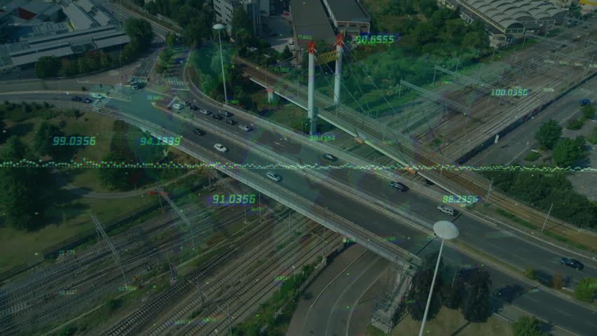 Grid overlay activating scanning circle sweeping over overpass and cars and tracking traffic flow. Transportation, infrastructure, data visualization, urban environment, technology, transit, motion - Powered by Shutterstock - Get 15% off with code: PIKWIZARD15