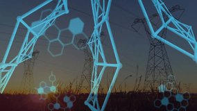 Triggered by sunset, wireframe lattice emerging and code scrolling, depicting smart power network. Futuristic, technology, data, innovation, digital, connectivity, industry - Powered by Shutterstock - Get 15% off with code: PIKWIZARD15