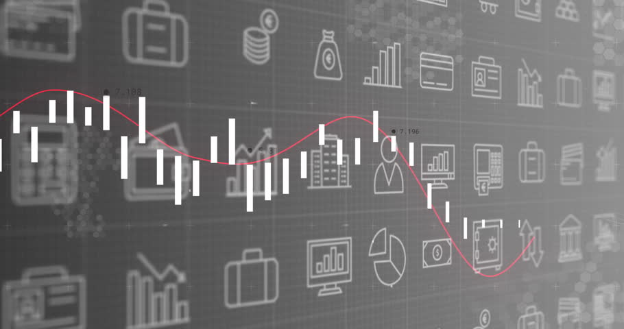 On start candlestick bars dipping, spiking carrying pink line across icon grid showing price trend. Financial analysis, digital dashboard, investment charts, market trends, economic data, data
