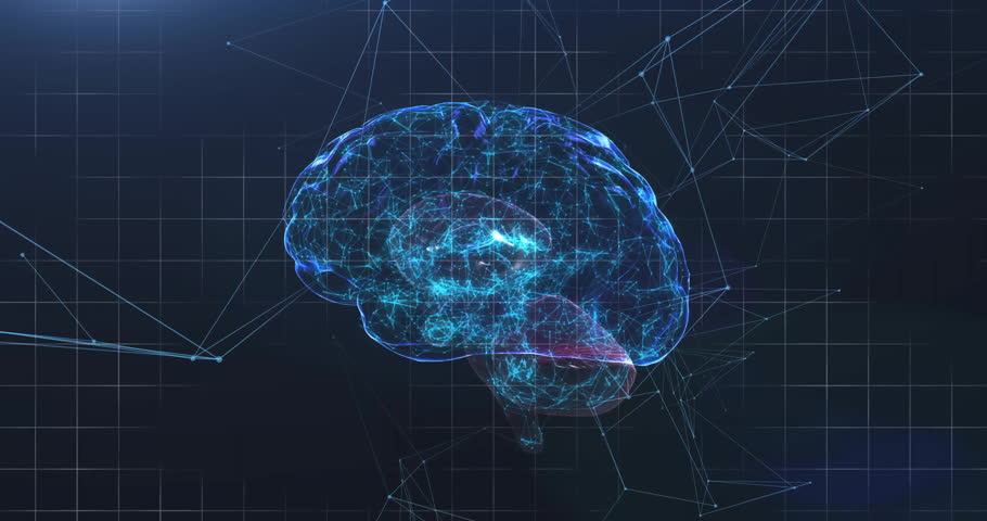 On 3D brain model rotation, drone icon entering and merging to highlight neural target region. Neural, concurrency, holographic, innovation, abstract, technology, visualization