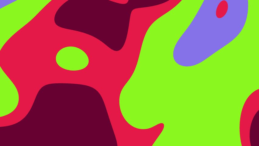 An abstract image features overlapping, irregularly shaped blobs in shades of green, purple, red, and maroon.