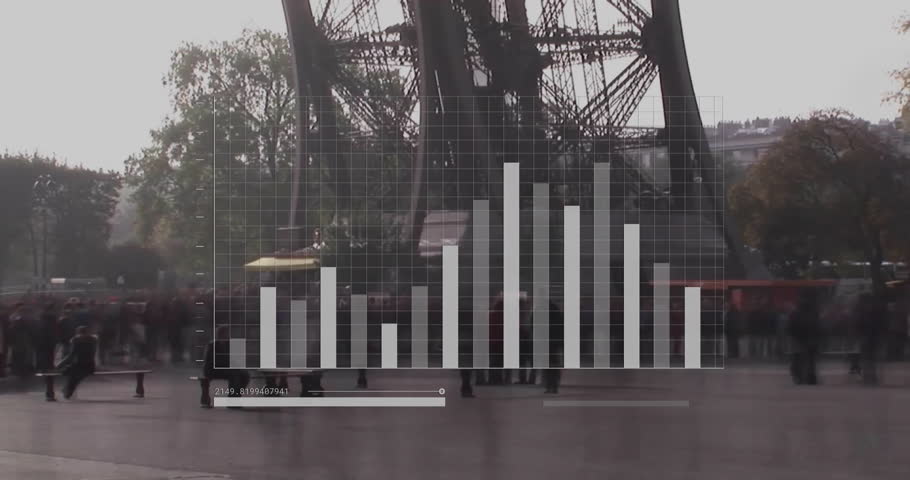 Upon translucent chart rising over plaza, bars fluctuating as tracker moves to show visitor flow. Analytics, data visualization, urban, statistics, population, movement, digital