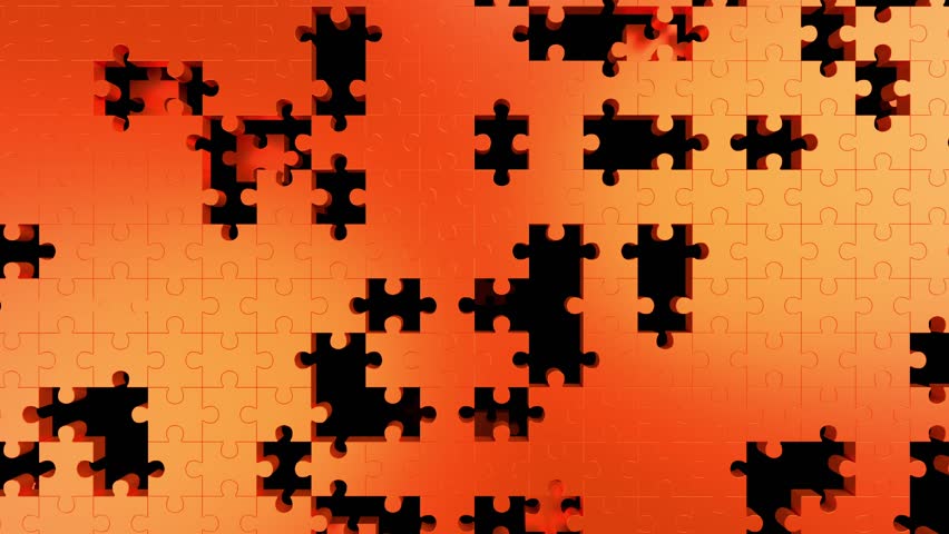 Falling jigsaw puzzle pieces 3D loop animation can be used in teamwork promos and problem-solving. The motion suggests creativity, collaboration and strategic thinking or brainstorming sessions