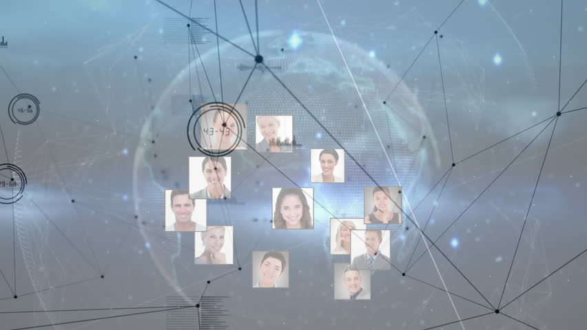 User loading business dashboard, headshots clustering around glowing sphere forming network links. Network, connectivity, analytics, data visualization, digital interface, cyber, technology