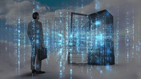 Businessman holding briefcase facing server rack binary streams unlocking key forming secure access. Technology, cybersecurity, innovation, finance, digital, data, connectivity - Powered by Shutterstock - Get 15% off with code: PIKWIZARD15