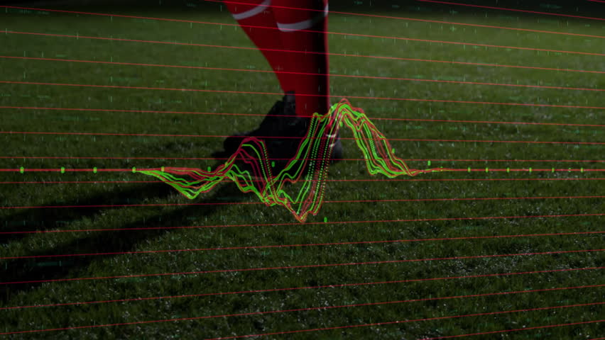 Soccer player stepping on turf dragging and flicking while neon waveform overlay tracking touches. Athlete, sport, motion, dynamic, technology, performance, skill