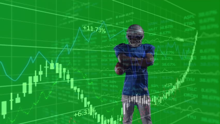 Football player crossing arms on greenscreen as market charts climbing, showing finance growth. Athlete, sports, performance, technology, finance, analytics, motivation