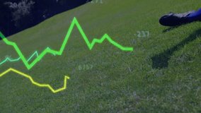 Soccer ball rolling into sunlit field causing data graphs spiking and player sliding tackling ball. Athletic, sports, performance, outdoor, competitive, fitness, dynamic - Powered by Shutterstock - Get 15% off with code: PIKWIZARD15
