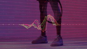 Man holding tennis racket on purple backdrop monitoring wave merging orb on signal for training. Athlete, technology, digital, futuristic, fitness, motion, innovation - Powered by Shutterstock - Get 15% off with code: PIKWIZARD15