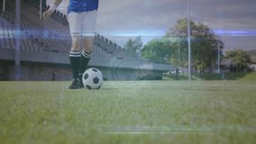 Female soccer player tapping ball and dribbling on pitch while AR HUD activating footwork analytics. Athletic, sport, technology, digital, futuristic, fitness, data visualization - Powered by Shutterstock - Get 15% off with code: PIKWIZARD15
