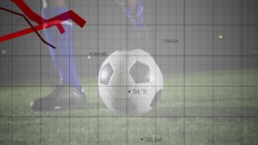 Athlete shifting weight causing soccer ball fade then dribbling with sports analytics grid overlay. Sports, biomechanics, rhythm, performance, technology, motion, competition - Powered by Shutterstock - Get 15% off with code: PIKWIZARD15