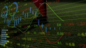 Soccer player kicking ball on pitch while semi-transparent financial data visuals updating. Action, sports, analytics, competition, modern, dynamic, innovation - Powered by Shutterstock - Get 15% off with code: PIKWIZARD15