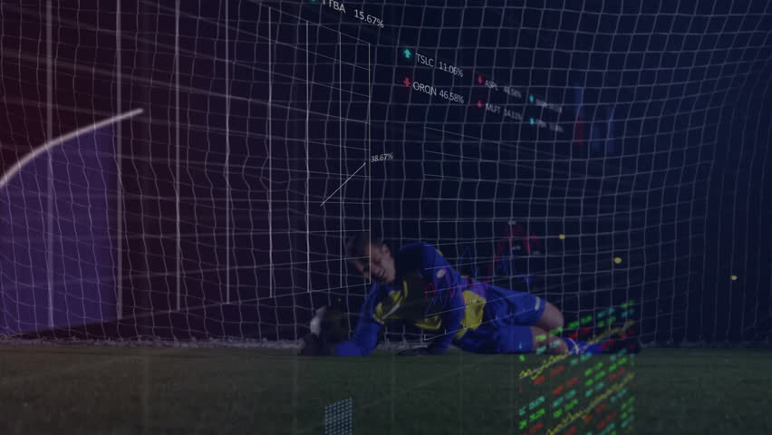 Goalkeeper diving toward ball crossing goal line, tracking animated stats and trying to intercept. Soccer, goalkeeper, sports analytics, data visualization, match, stadium, action - Powered by Shutterstock - Get 15% off with code: PIKWIZARD15