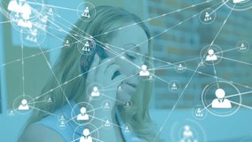 woman lifting smartphone to ear and calling client while animated nodes showing tech network growth. Professional, connectivity, communication, digital, networking, collaboration, workspace - Powered by Shutterstock - Get 15% off with code: PIKWIZARD15