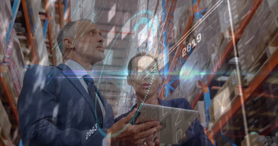 Colleagues pointing shelf and holding tablet watching AR globe timeline cycling years in logistics. Technology, analytics, digital, enterprise, collaboration, innovation, operations