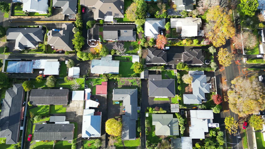 Overhead Aerial View of Residential Area, Tree Canopy and Homes, Palmerston North, New Zealand