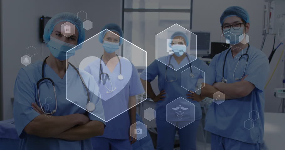 After 1s medical team standing in OR, initiating hexagon panels highlighting heart and ECG waveform. Healthcare, teamwork, innovation, medical technology, professionalism, modern, collaboration