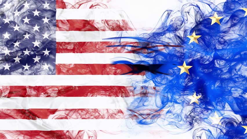 American and European flag in smok. Business conflict and custom duties. America VS Europe metaphor. Dollar Euro exchange currency and international commercial tension and crisis