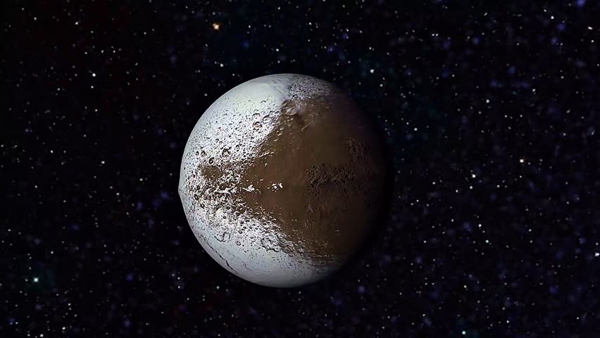 Iapetus of Saturn planet 3D animation showing dual-tone surface and irregular moon structure.