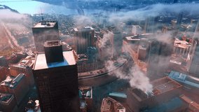 Panorama of a modern city being covered with smoke. Smog rises from the pipes on the towers of Boston, Massachusetts, USA. - Powered by Shutterstock - Get 15% off with code: PIKWIZARD15