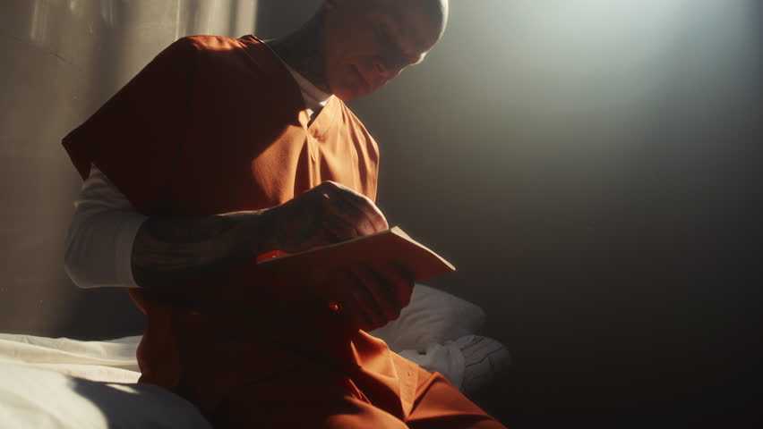 Young tattooed inmate with shaved head, dressed in orange uniform, sitting on bed under sunlight coming through barred window, drawing sketch in notepad during lonely day in prison cell