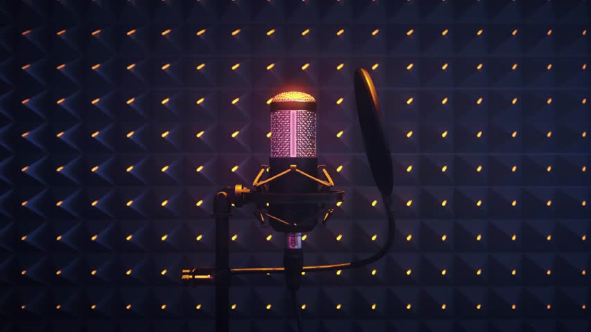 Close-Up of Studio Microphone With Pop Filter and Colorful Acoustic Wall